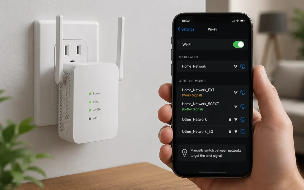Wi‑Fi extender plugged into wall outlet with phone showing separate network name