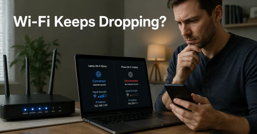 Laptop losing Wi-Fi connection while router remains active during home network troubleshooting