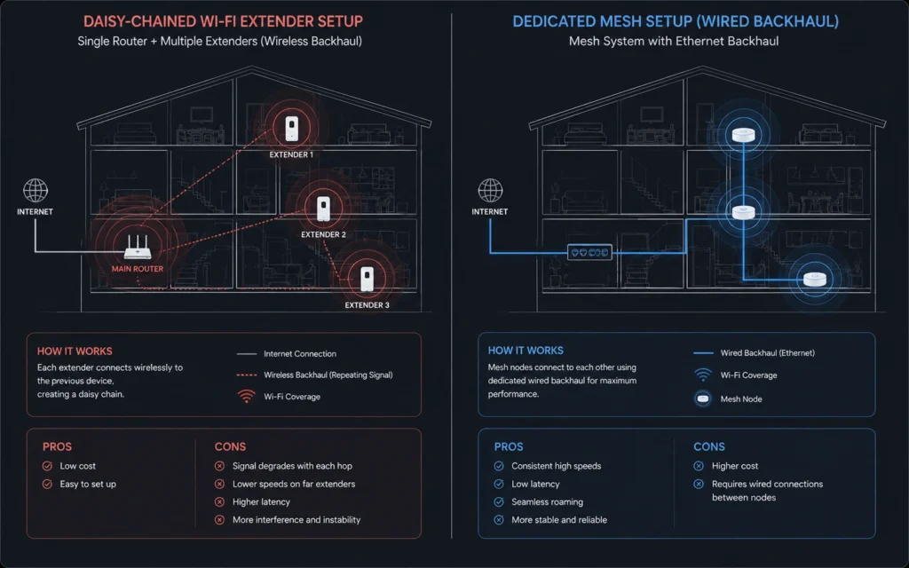 Network topology comparison diagram showing how a wireless fix using mesh networks beats cheap extenders