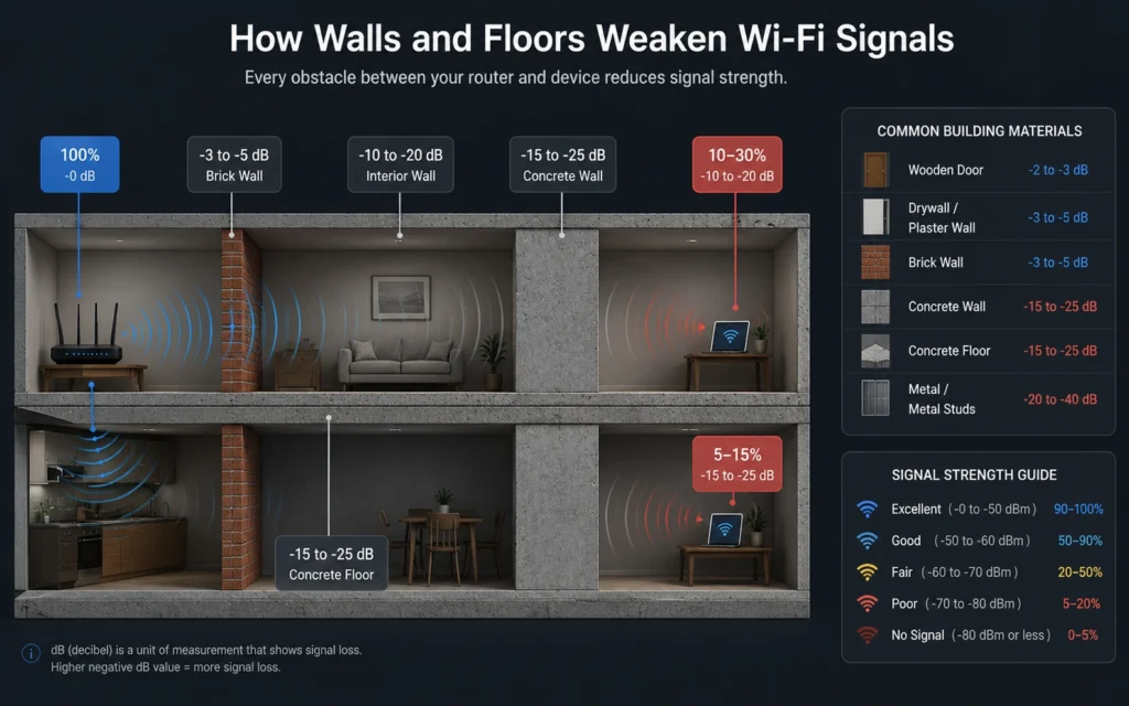 Wi-Fi signal weakening through thick walls and multiple floors