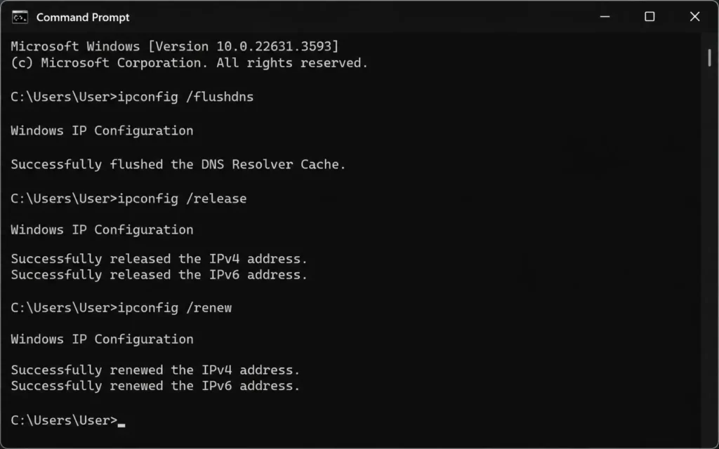 Windows Command Prompt showing DNS flush and IP renewal commands