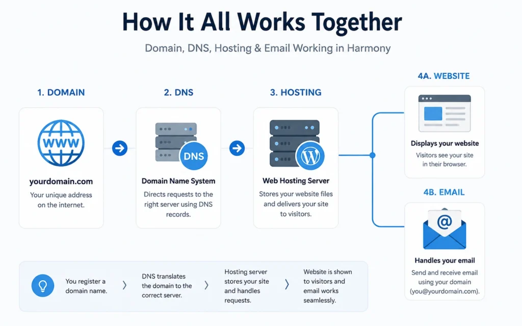 Diagram showing how domain, DNS, hosting, and email connect