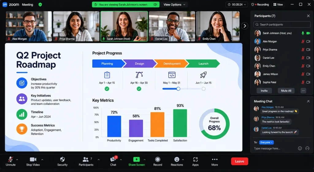 Zoom meeting interface showing video call with screen sharing